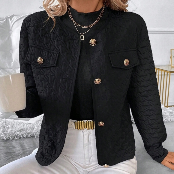 Jackets & Blazers - Clasi Women Black Casual Crew Neck Long Sleeve Short Fitted Padded